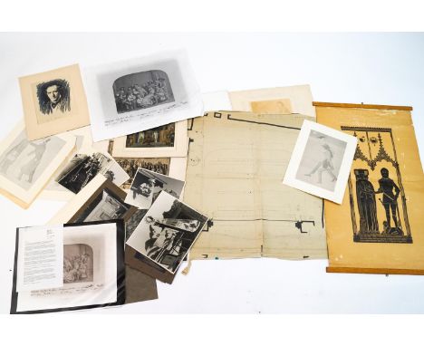 Thirty two various photographs, nine prints, including the New Theatre St Martins Lane plans, a watercolour sketch mounted an