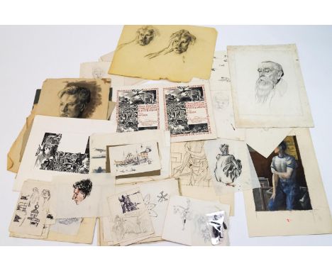 Eighty three sketches by Laurence Irving, all unframed, pencil, charcoal, pastel, pen and ink, and watercolour, together with