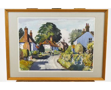 E R Roberts, A high street village scene, watercolour, signed  lower right, 33cm x 47cm
