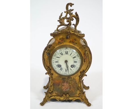 A Louis XVI style mantel clock, the brass mounted case painted with a lady in a garden, enclosing a movement striking on a go