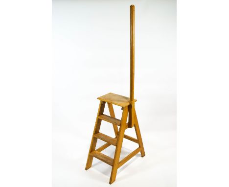 A beech three step library ladder with support pole 179cm high x 41cm wide x 68cm deep