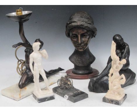An art deco style bronzed figural lamp base modelled as a dancer, together with a bronzed model female seated nude on a rock 