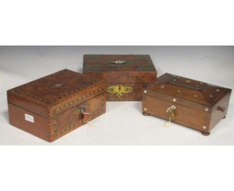 A Victorian walnut and brass bound jewellery box 13 x 28 x 19cm, a 19th century rosewood sarcophagus shaped tea caddy, a Vict