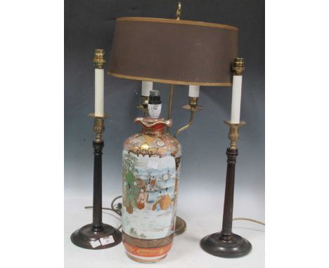 A modern brass twin branch bouillotte lamp together with a pair of wooden fluted column lamps and a Satsuma type vase convert