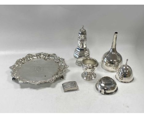 A small collection of silver including two pieces of a wine funnel, a waiter, and a snuff box with mark of Joseph Willmore, 4