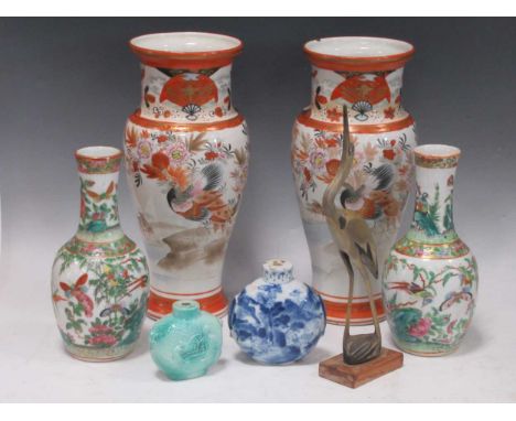 A group of Oriental and Oriental style porcelain to include a pair of Japanese Kutani vases with floral and bird decoration, 