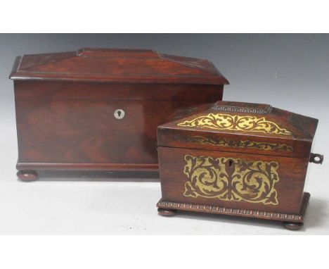 A 19th century mahogany tea caddy of sarcophagus form with lift-out tea boxes (mixing bowl absent); together with 19th centur
