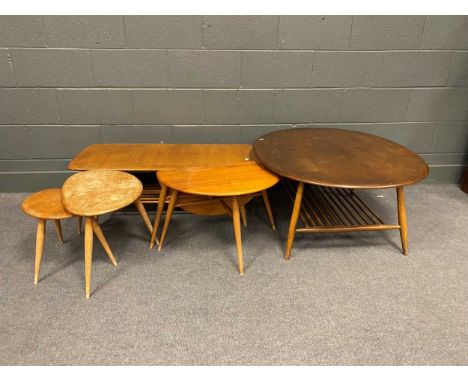 Various coffee tables including; large oval Ercol stamped with turned rail lower tier 44cm x 100cm x 83cm, rectangular coffee