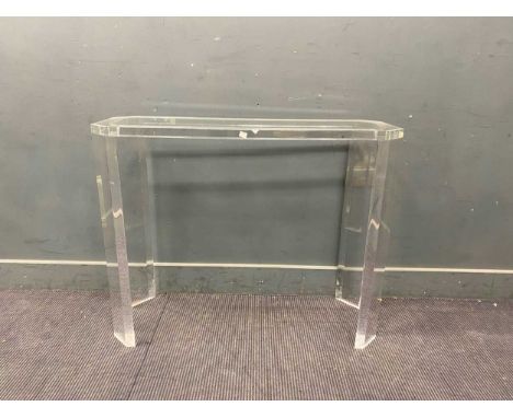 A perspex console or side table with canted corners and legs. 82cm High x 102cms wide x 36cm deep