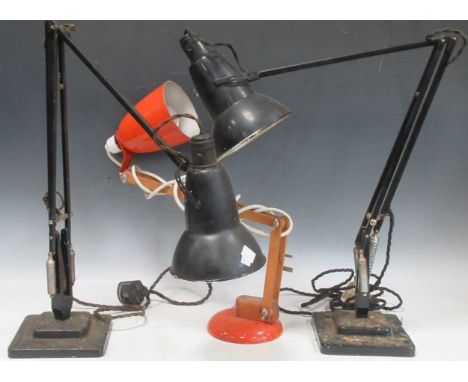 Two black painted industrial Anglepoise lamps Herbert Terry with square base model 1227, together with another with orange en