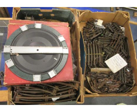 A Hornby 0 gauge turntable No 2, boxed; together with a large quantity of O gauge model train track by Hornby (1.5"), includi