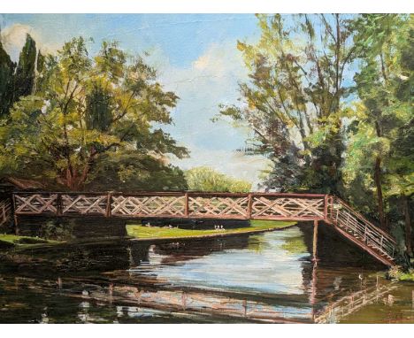 A Group Of Four Pictures To include a unsigned 21st century oil painting of Fen Common Bridge, 29cm x 39cm; A unsigned 20th c