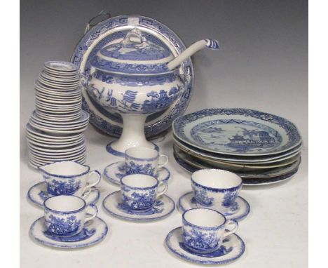 A large collection of blue and white china including a Copeland spode tureen and ladle, Fishers C.E. &amp; M child's plates s