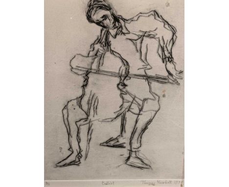 A Group Of Five Etchings And Engravings To include an etching by Thomas Newbolt (British. b.1951-), titled 'Cellist', signed 