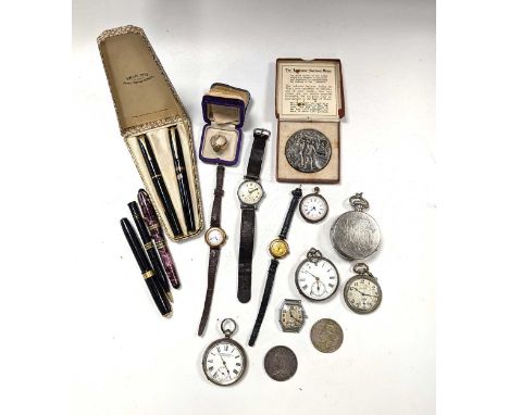 Two lady's gold watches, a ring stamped 18K, 4 open faced pocket watches, 2 wristwatches, a 'Ticka' pocket camera case, some 