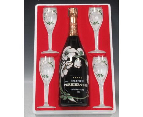 150cl Perrier-Jouet Champagne, Eperney France, 1975 vintage; original boxed with hand-painted bottle and four matching flutes