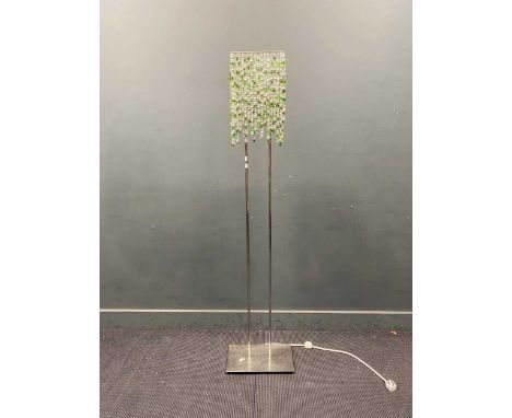Floor lamp with waterfall brilliant cut shade in white, green and smoked glass. The whole supported on a two part steel frame