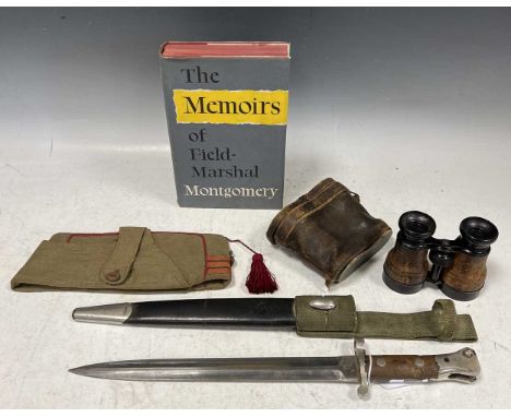 A British Lee Medford 1888 pattern bayonet and scabbard, together with a cased pair of early 20th century binoculars marked '