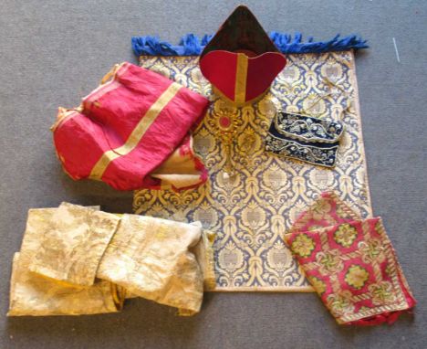 19th century or earlier silk tapestry fragment in geometric pattern of pinks and greens, backed with silk damask in deep red 