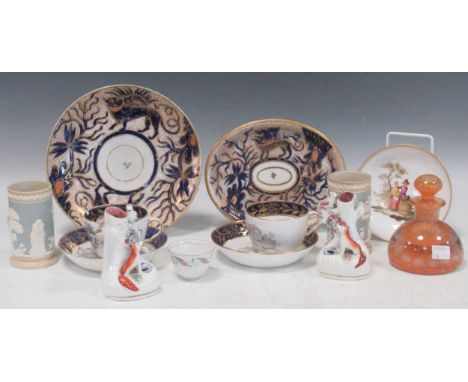 A pair of Spode bat printed "rabbit" and "swan" teacups and saucers, early 19th century together with sundry ceramics and gla
