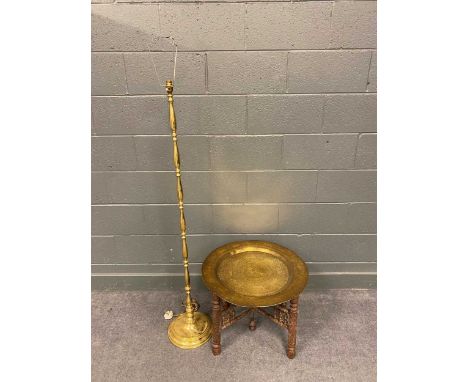 A brass floor standing column lamp 144cm H, together wtih an Indian brass tray on stand 44cm x 60cm (2)