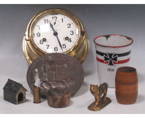 Small group of collectibles including a WWI death penny 'Ralph D'Albini Morrell', small brass tiger ornament, treen string bo