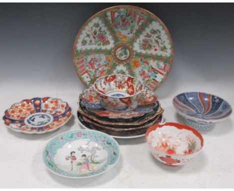 Collection of 20th century mainly Japanese porcelain dishes and bowls, also to include a Cantonese dish with rivetted repair 