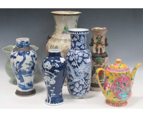 A group of damaged Asian porcelain vases etc, mostly 20th century, including a celadon flared rim vase and crackle glaze vase