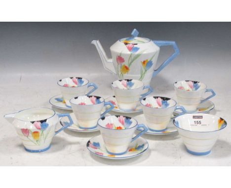 A Paragon Art Deco Tulip pattern tea set, comprising teapot and cover, milk jug, sugar basin, six cups and saucers2 cups with
