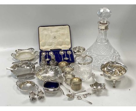 A collection of silverware including flatware, cruets, napkin rings, dishes etc 761g (24.5ozt) weighable silver, together wit