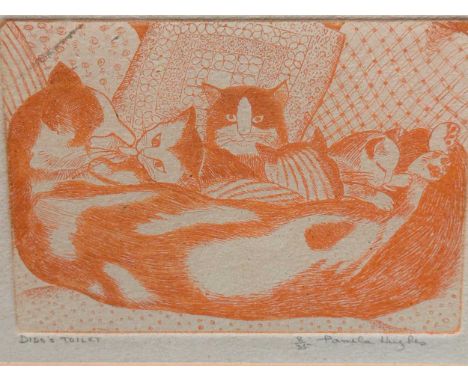 Pamela Hughes (British. 1918-2002) A group of four cat etchings and woodblocks'Dido's Toilet', signed in pencil and 8/35 numb
