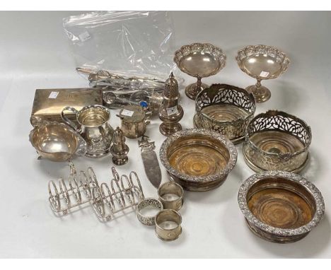 A collection of silverware including bon bon dishes, sauce boat, mustard, caster, cigarette box etc, together with some silve