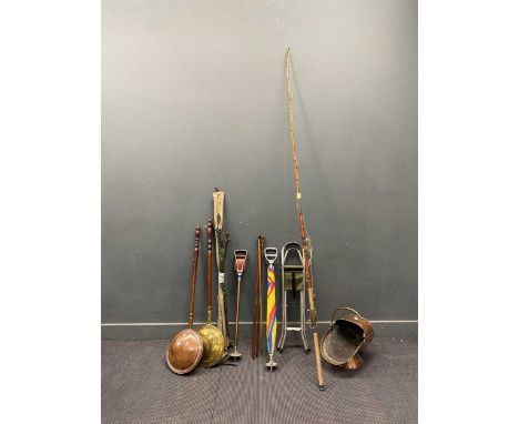 A vintage fishing rod, two shooting sticks, various metalwares etc