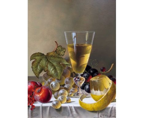 Roy Hodrien (British. b. 1957-) Still life with white wine and fruit on a table-cloth, signed l.r. ‘R.J. Hodrien’,Oil on pane