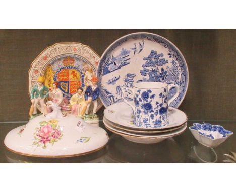 Group of English ceramics, pair of Staffordshire style flat backs in the form of cricketers, Royal Doulton Atholl blue and wh