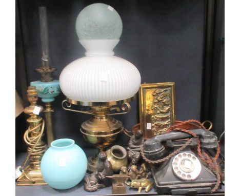 Collectables - 19th century brass column oil lamp with painted reservoir (another similar wired for electricty), 19th century