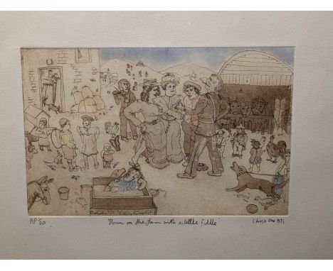 Chris Orr MBE (British. b.1943-) Down on the farm with a little fiddle,Signed in pencil and inscribed with title,Hand-coloure