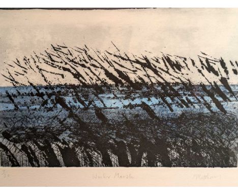 A Group Of Four Pictures To include a signed etching and aquatint titled 'Winter Marsh', 7/20 numbered edition, 22cm x 32.5cm