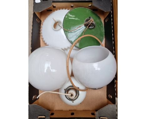 A collection of opaque white glass ceiling lights and shades, together with another green enamel example. (6)&nbsp; 