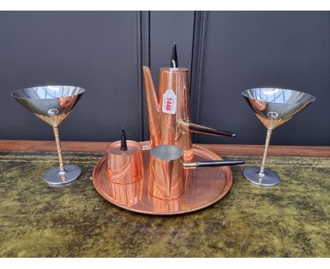 A Portuguese Coppal copper three piece coffee set and tray,&nbsp;the pot 23.5cm high; together with a pair of Viners Stuart D