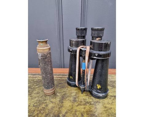 A pair of World War II Barr &amp; Stroud 7x binoculars, with broad arrow stamp; together with an old brass three drawer teles