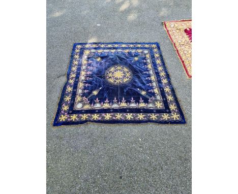 A Turkish gold thread tapestry, on blue ground, 165 x 165; together with a similar gold thread tapestry on a red ground, 170 