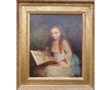 English School, late 19th century, three quarter length portrait of a young girl reading to her doll,&nbsp;indistinctly signe