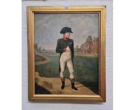 European School, 19th century, standing portrait of Napoleon Bonaparte in the grounds of Chateau de Malmaison, oil on canvas,