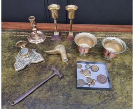 A small collection of copper and brass, to include a small antique candlestick, 10.5cm high.&nbsp; 