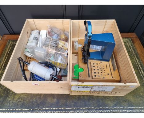 A KWM clock bushing machine, with associated tools and accessories; together with a Foredom double ended spindle bench polish