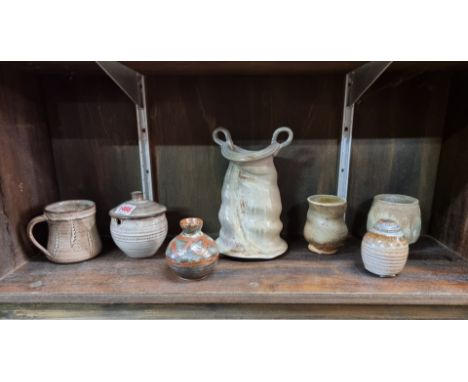 Studio Pottery:&nbsp;a David Leach mug and sugar bowl &amp; cover; together with three Dick Lehman items, largest 11.5cm; and