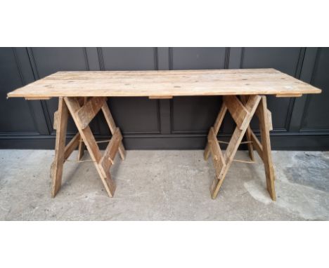 A vintage pine trestle table,&nbsp;183cm wide.