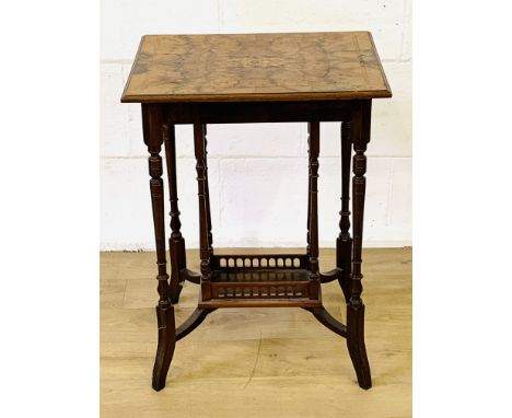 Display table with walnut veneer top, inlaid centre with galleried open display shelf below, on turned supports, 51 x 39 x 71