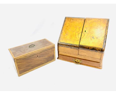 A mahogany stationary box, 31 x 17 x 28; a mahogany tea caddy, 26 x 13 x 13cms. Estimate: £40-60